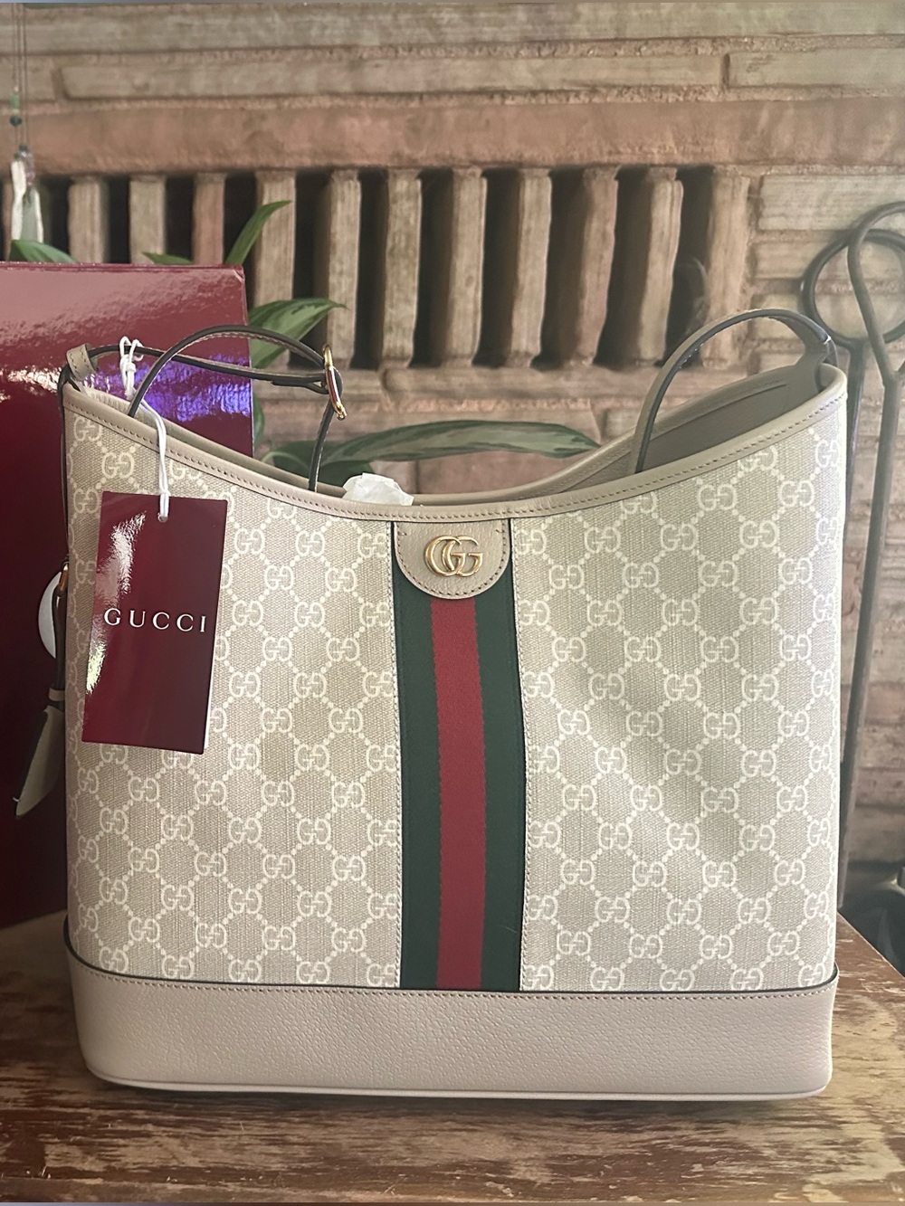 Gucci Beige Monogram Canvas Shoulder Bag with Green and Red Web Stripe